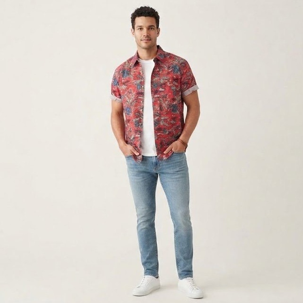 Duluth Trading Co Button Down Mens 3XL Red BBQ Tropical Island Surf Shirt